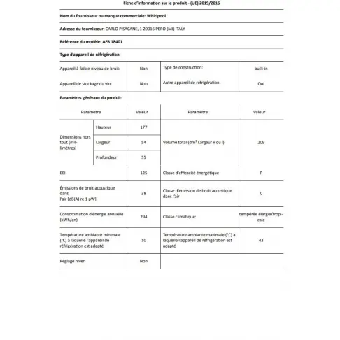 Congélateur intégrable WHIRLPOOL AFB18401 - 2