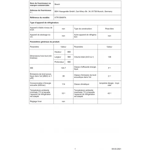 Réfrigérateur table top BOSCH KTR15NWFA - 3