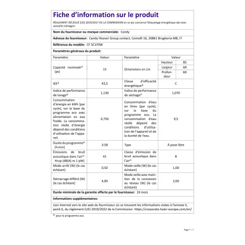 Lave-vaisselle 60 cm CANDY CF5C1F0W - 5