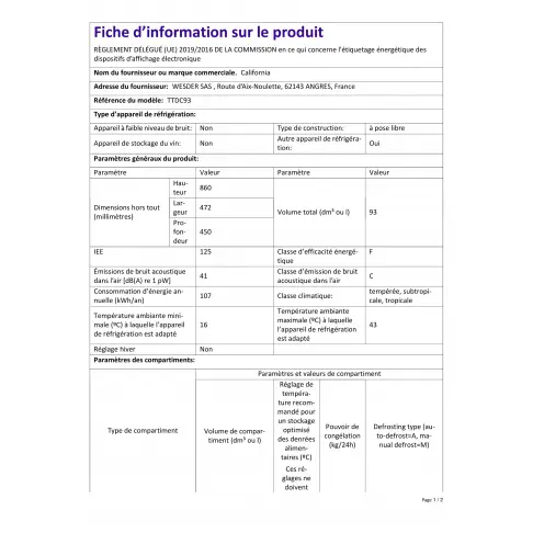 Réfrigérateur table top CALIFORNIA TTDC93 - 3
