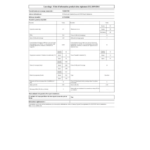 Lave linge top VEDETTE LTV652B2 - 2