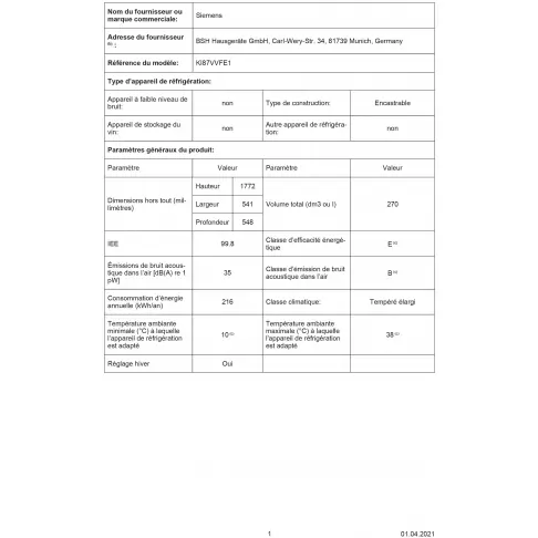 Réfrigérateur intégrable combiné inversé SIEMENS KI87VVFE1 - 8